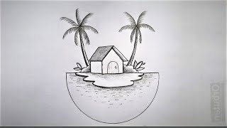 Easy Land Scenery Drawing | Village house Art Scenery | Cute House Drawing