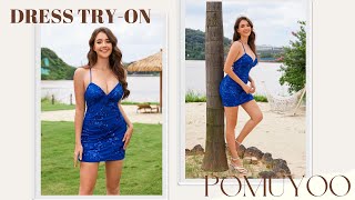 POMUYOO | Dazzling V Neck Open Back Short Sequin Homecoming Dresses