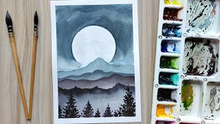 Watercolor FULL MOON and mountains - step by step painting tutorial for beginners | Easy watercolor