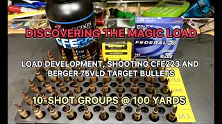 Load development, shooting CFE223 with Berger 75 VLD target bullets. 10-Shot Groups @ 100 yards