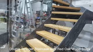 China staircase factory provide double stringer staircase with wood treads