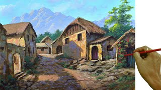 Acrylic Landscape Painting in Time-lapse / Old Village Houses / JMLisondra