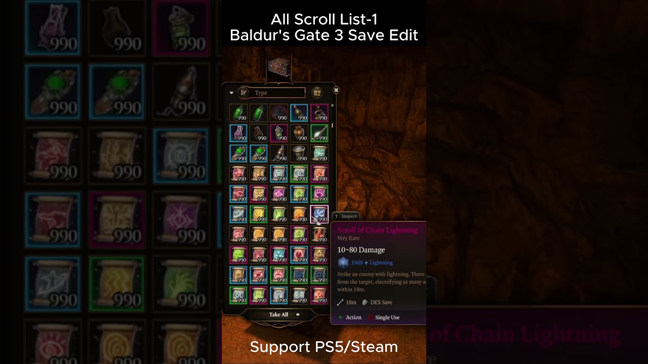 All Scroll List Baldur's Gate 3 Save Editor Baldur's Gate 3 Cheats #baldursgate3 #shorts #bg3