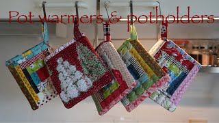 Pot warmer and potholders made from scraps of fabric / size 16cm x 15cm x 0.5cm / Pot warmer and ...