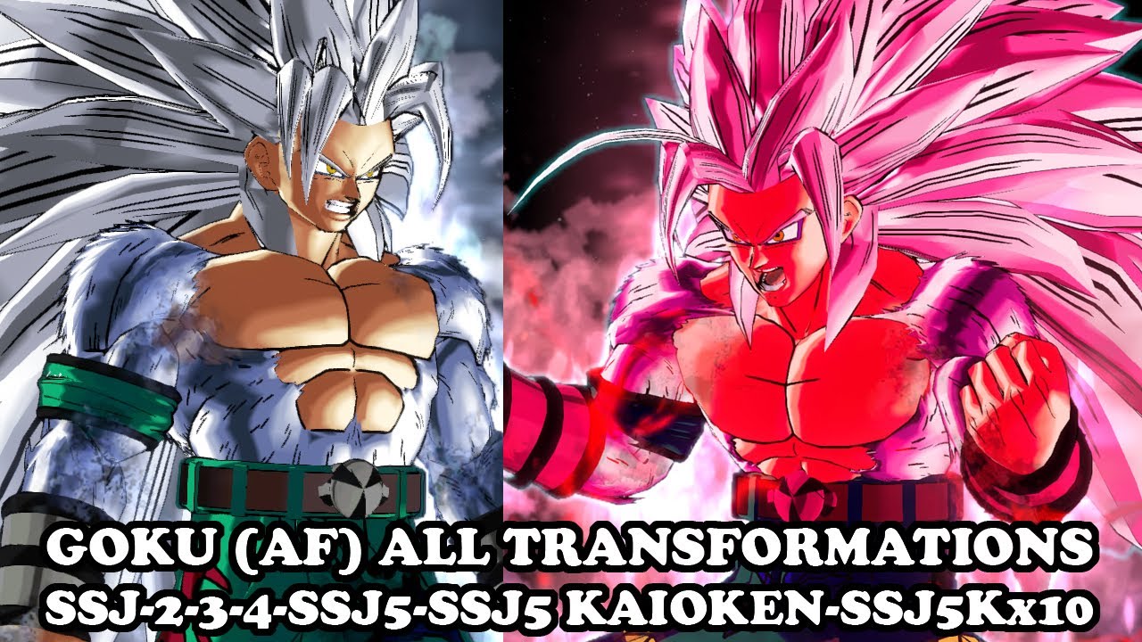 Goku (AF) All 7 Transformations (SSJ-2-3-4-5-SSJ5 Kaioken-SSJ5Kx10 ...