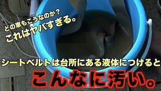 シートベルトはこんなに汚れている。台所にある液体につけると簡単綺麗さっぱり！？[032]