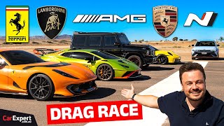 Drag race: Hyundai vs Lamborghini vs Ferrari vs Porsche vs Brabus Mercedes-AMG