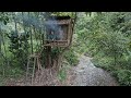 build bamboo survival camping shelter on trees, make campfire cook