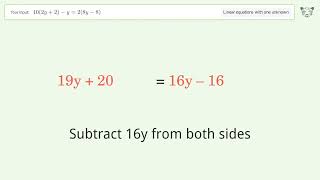 Linear equation with one unknown: Solve 10(2y+2)-y=2(8y-8) step-by-step solution