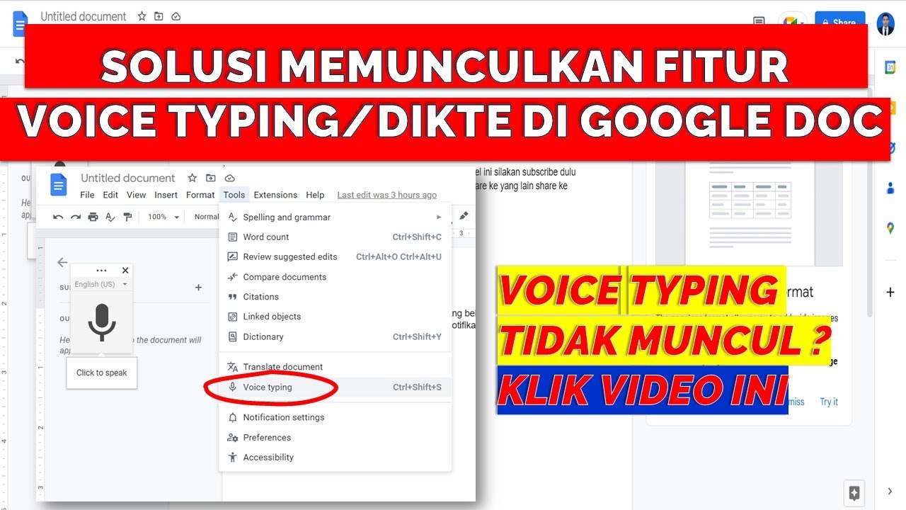 SOLUSI MEMUNCULKAN VOICE TYPING DIKTE DI GOOGLE DOCS - YouTube