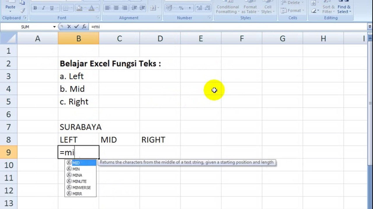 Implementasi Rumus Excel Fungsi Teks Left Right Mid - YouTube