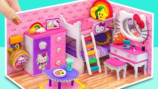 DIY Miniature House ❤️ Building Hello Kitty Pink Bedroom with Bunk Bed, Makeup Set from Polymer Clay