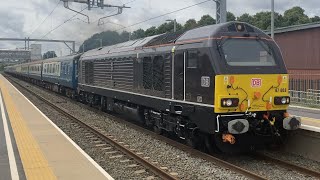 Harborough station class 67s 67005+67007 DB 5Z87 TAT passing market Harborough 18/7/23