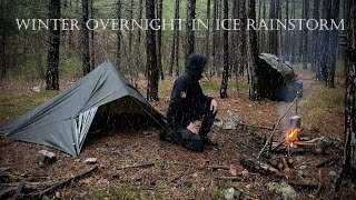 2 DAYS Solo Winter Overnighter in THUNDERSTORM - Quick Tarp Shelter, Bushcraft in Heavy Rain - ASMR