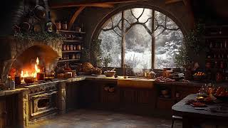 Medieval Winter Kitchen ❄️ | Warm Stone Hearth, Cooking Sounds, and Snowfall Outside