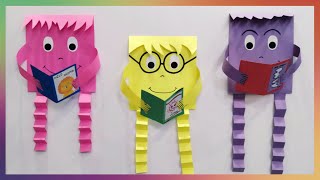 Diy library decor craft. School and Learning corner decor idea. Puppet reading book. Paper dummy