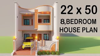 22 X 50 8 Bedroom Car Parking House Planing,Best Duplex House Elevation,22 by 50 makan ka map