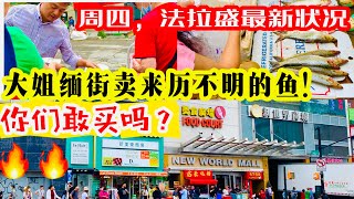 周四，法拉盛最新状况，大姐缅街卖来历不明的鱼，你们敢吃吗？今天吃，肠粉王太，好吃了 2023年8月24日