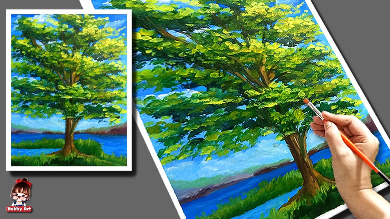 Beginner Acrylic Painting Landscape Trees Forest Tree By The Lake
