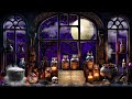 enchanted window witch magic spell book ambience bubbling cauldron full moon flying bats candles