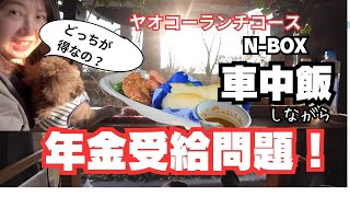 【N-BOX車中飯＆Cafe】ヤオコーのお惣菜でランチコースを楽しむ50代主婦とシニア犬❗️食べながら気になってる老後のお話し！