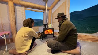 کمپ با چادر بادی و بخاری هیزمی 🏕   CAMPING WITH INFLATABLE TENT AND CAMPING STOVE