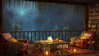 Cozy Reading Nook on Balcony with Smooth Jazz Music | Rain & Fireplace Sounds for Relaxing, Sleeping