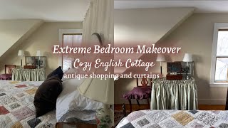 *Extreme Bedroom Makeover* in my 200 year old farmhouse | antique shopping and curtains