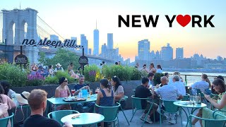 4K🇺🇸NYC Evening Walk🌛: Sunset🌇 at Pebble Beach Dumbo, Brooklyn, 🌉, Time Out Market 🍕🍔🍜May. 2022