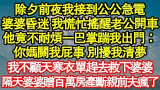 除夕前夜我接到公公急電，婆婆昏迷 我慌忙搖醒老公開車，他竟不耐煩一巴掌踹我出門：你媽關我屁事 別擾我清夢，我冷笑連夜帶豪禮回家過年，隔天他獨自回鄉看清眼前瘋了真情故事會|老年故事|情感需求|養老|家庭