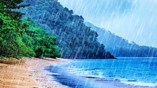 Rain on Beach White Noise | Tropical Rainstorm \u0026 Ocean Waves Sounds for Sleep, Studying, Relaxation