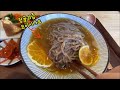 exotic jeju food unripe green tangerine soba buckwheat noodle and jeju style fried tofu rice balls