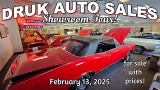 CLASSIC CARS FOR SALE !! Druk Auto Sales Showroom Tour Lot Walk 2-13-2025 muscle cars - hot rods