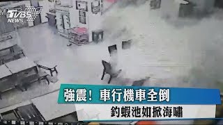 強震！　車行機車全倒　釣蝦池如掀海嘯