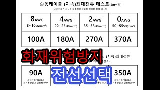 [화재의 원인4] 순동선 전선 굵기별 최대허용전류 테스트/발열 테스트 (0AWG, 2AWG, 4AWG, 8AWG) - 허용전류가 생각보다 낮은데??!!