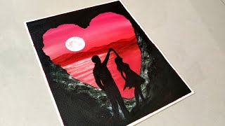 Valentine's special/Step by Step Acrylic Painting tutorial for Beginners / Moonlight Couple Painting