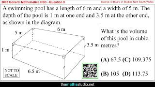 2003 Gen Maths HSC Q9 Find volume of trapezoidal prism using V=Ah formula