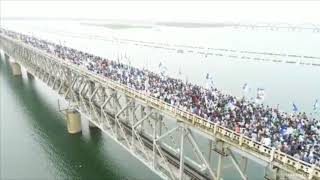 Drone Visuals of YS Jagan prajasankalpa Yatra on Road Cum Railway Bridge over Godavari River