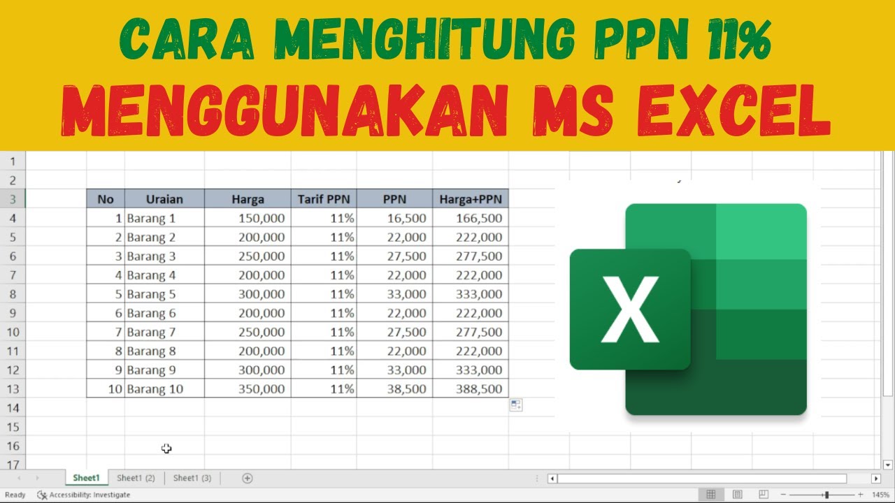 3 Cara Menggunakan Rumus Menghitung Pajak PPN 11% Di Excel (tidak ...