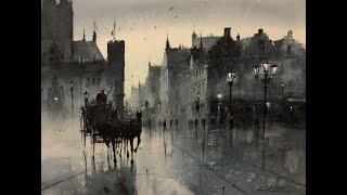A Rainy Cityscape Watercolor painting