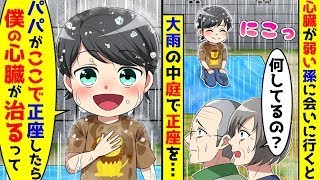 心臓が弱い孫に会いに行ったら、大雨の中で笑顔で庭に正座していた。何をしているのか尋ねると、パパがここで正座すれば心臓が治ると言っていたと嬉しそうに答えた。