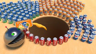 Experiment: Robot Pacman, Giant Coca-Cola, Mtn Dew, Sprite, Fanta and Mentos in Circle Hole