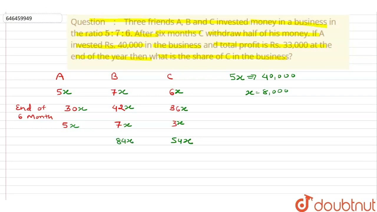 Three Friends A, B And C Invested Money In A Business In The Ratio 5:7: ...