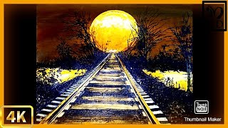 Beautiful Full Moon🌕 Acrylic Painting🎨 / Railway Track🛤 Painting / Grass🎋 Painting / Sky Painting:)