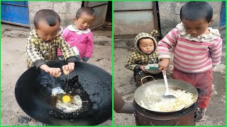 Adorable ! Rural life Little boy cooking food 조리 クック