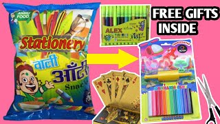 STATIONERY WALI AUNTY  Snacks mei nekli CARDs, Caryons , Clay & many Free Gifts inside | 5 rs Only |