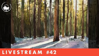 Painting a Snowy Forest Scene in Watercolor - LiveStream #42