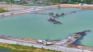 Nice Incredible Making Long Road By Bulldozer SHANTUI DH17 pushing Soil with Dump Truck