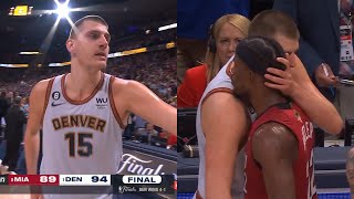 Nikola Jokic shows love to every Heat player before celebrating winning the NBA Finals