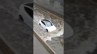 Tesla Model Y tries its hand at boating in flood waters.